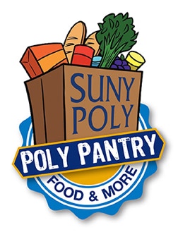 Image of a grocery bag full of food that says SUNY Poly Poly Pantry Food & More